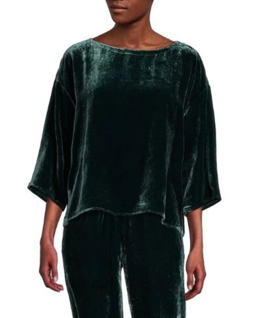 Eileen Fisher Bateau Boxy Top Womens Size Large Green Velvet Holiday Christmas